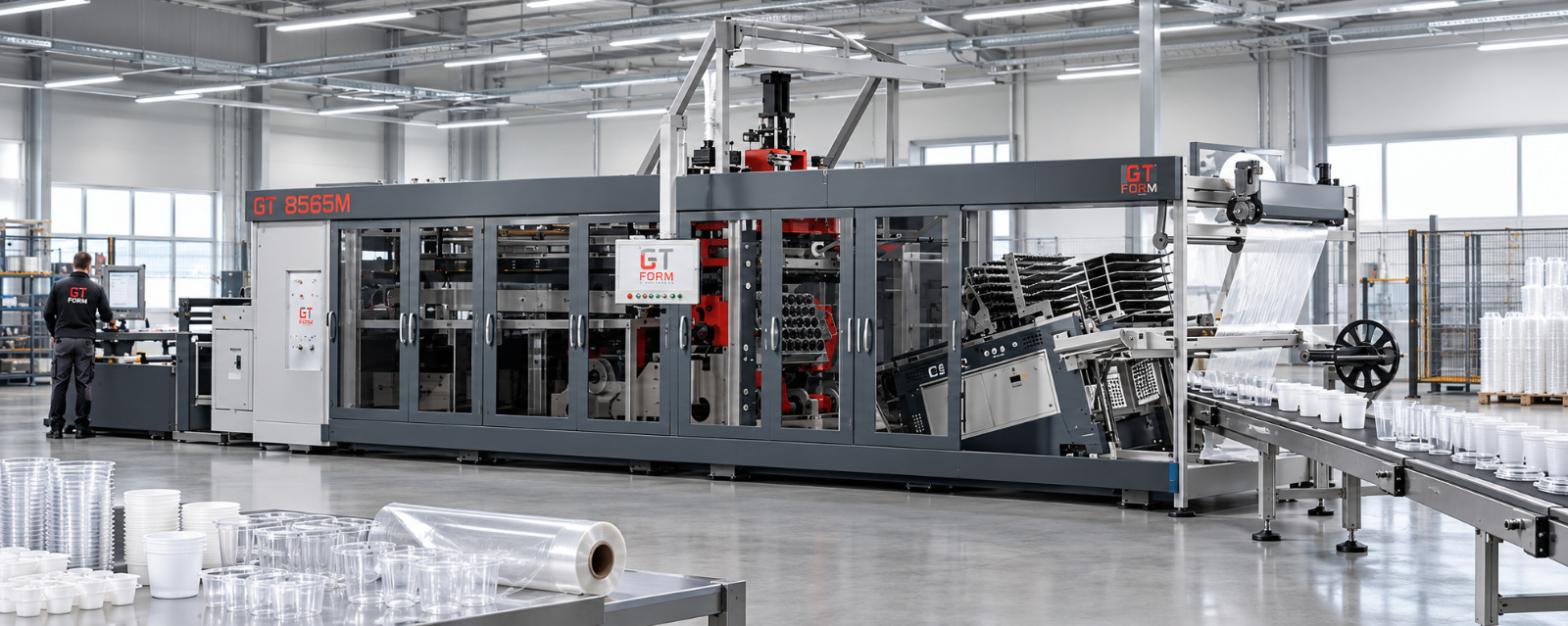 Thermoformmaschine GT 8565 M in einer Produktionshalle mit Mitarbeiter am Bedienpult und Kunststoffbechern im Vordergrund (Bild mit KI bearbeitet)