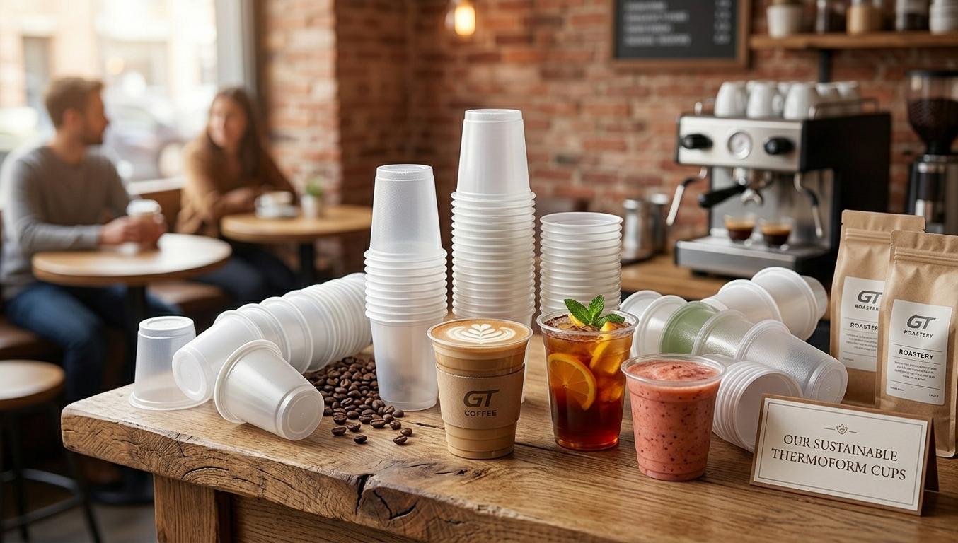 Thermogeformte Becher für Kaffee, Eistee und Smoothies im Café (KI-generiert)