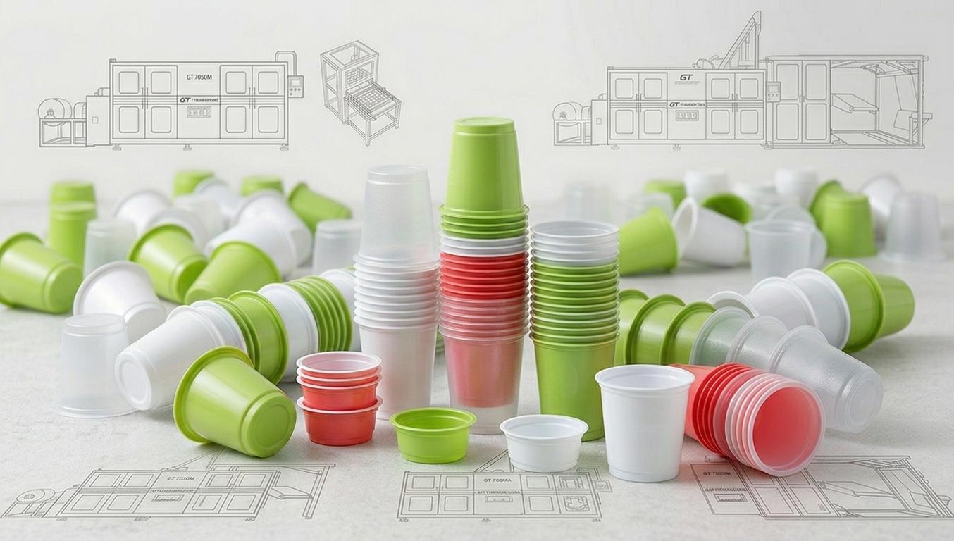 Thermogeformte Becher und Portionsbecher in Grün, Weiß und Rot (KI-generiert)