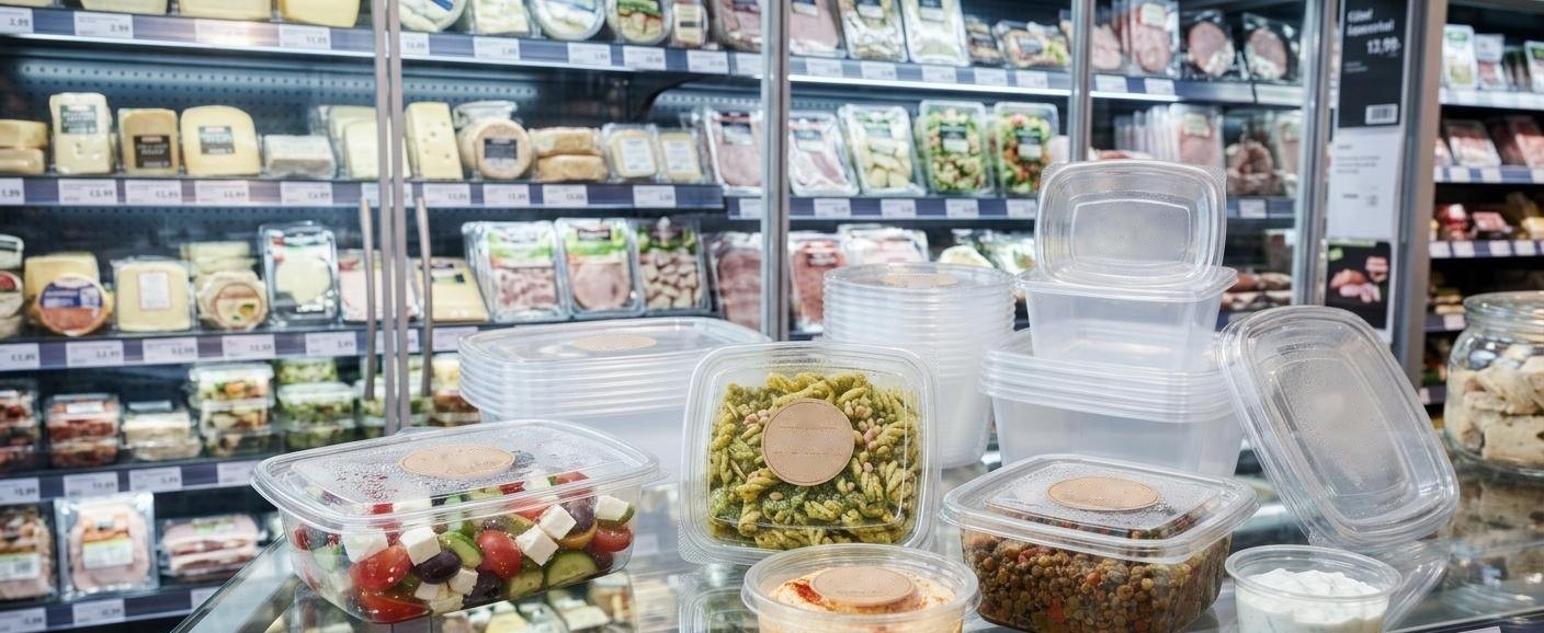 Feinkostschalen mit Salat, Pasta und Hummus in der Kühltheke (KI-generiert)